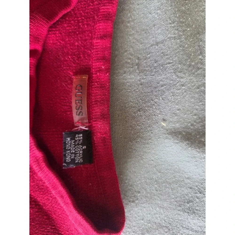 Guess Jeans Vintage Red Ribbed Knit Long Sleeve Sweater Top Logo Stripe Small